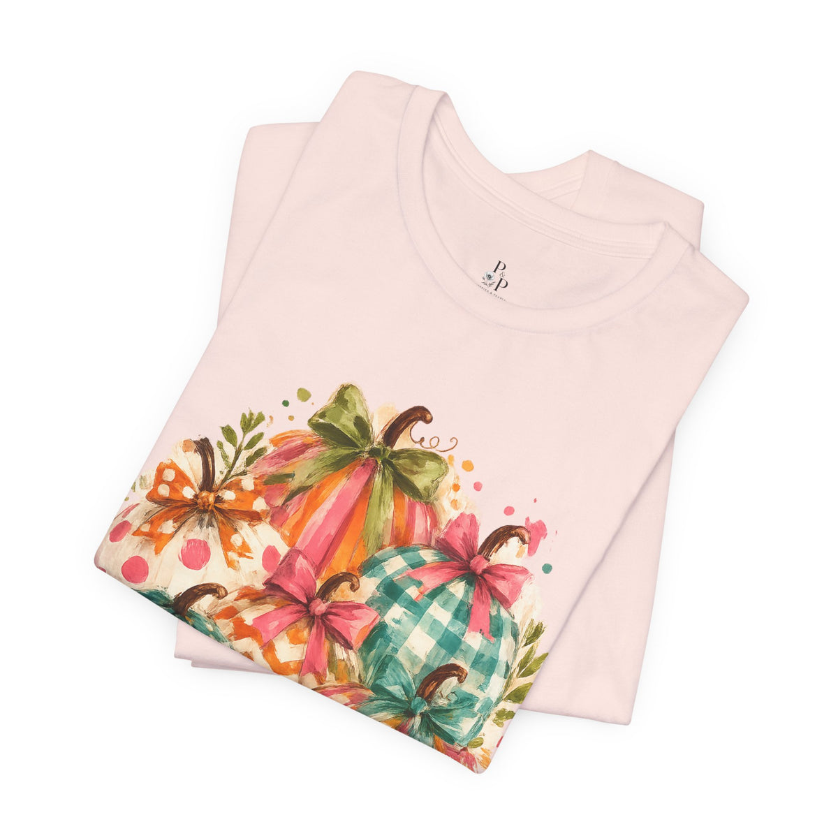 Watercolor Fall Pumpkins T-Shirt — Plaid & Polka Dot Pumpkin Tee for Autumn
