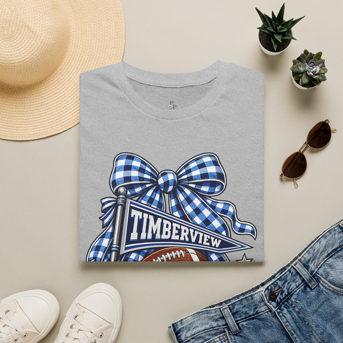 Timberview Timberwolves Football Team T-Shirt — Blue Gingham Bow Mascot Tee