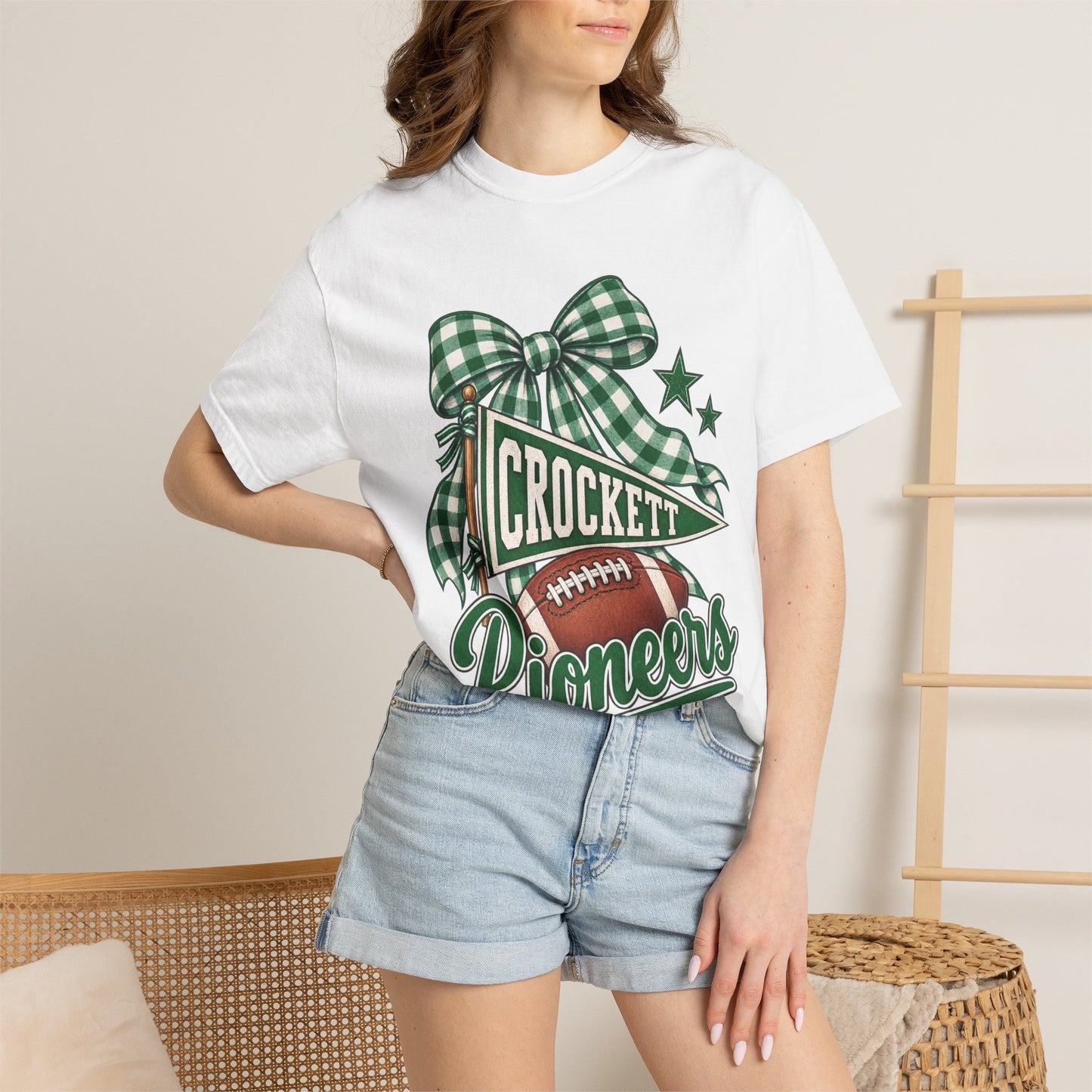 Crockett Pioneers Football Shirt, Green Gingham Bow Game Day Tee, School Spirit Shirt, Football Mom Tee, Pioneers Spirit Wear