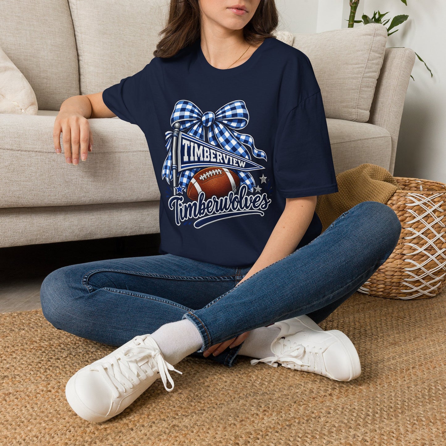 Timberview Timberwolves Football Team T-Shirt — Blue Gingham Bow Mascot Tee