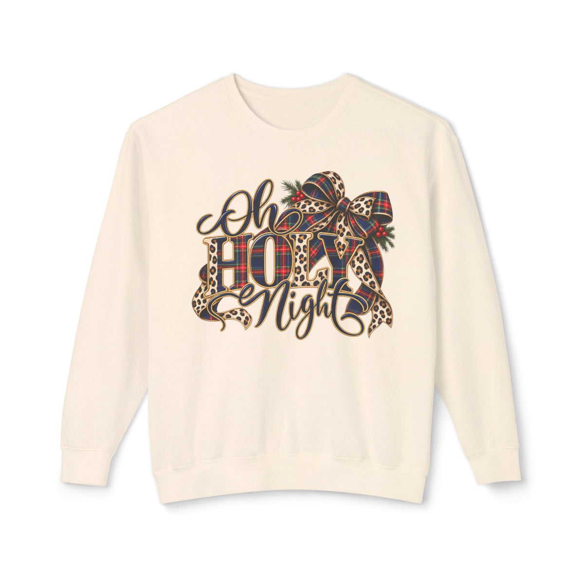 Oh Holy Night Christmas Sweatshirt, Leopard Bow and Holly Design