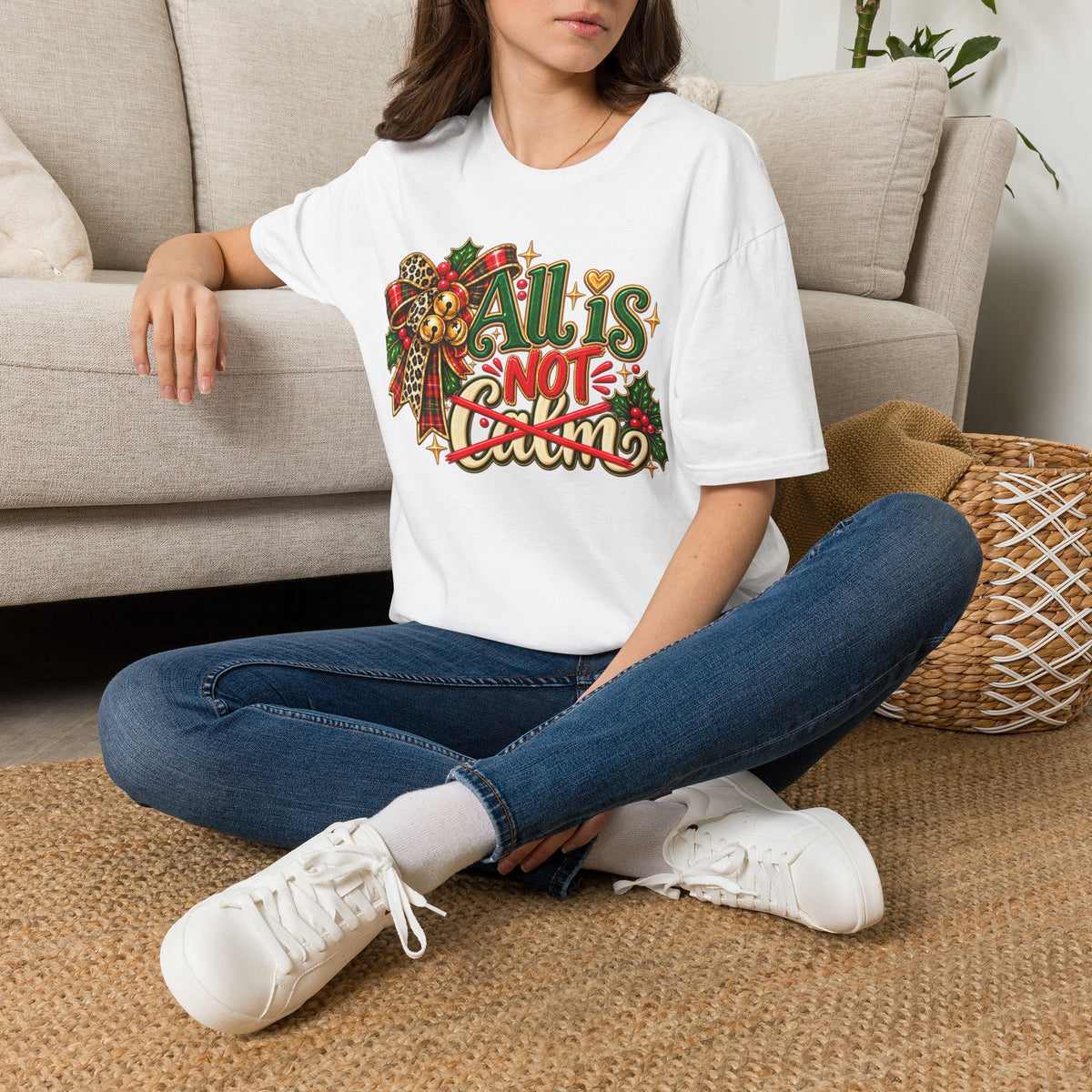 All Is Not Calm Christmas T-Shirt, Festive Holly and Poinsettia Design