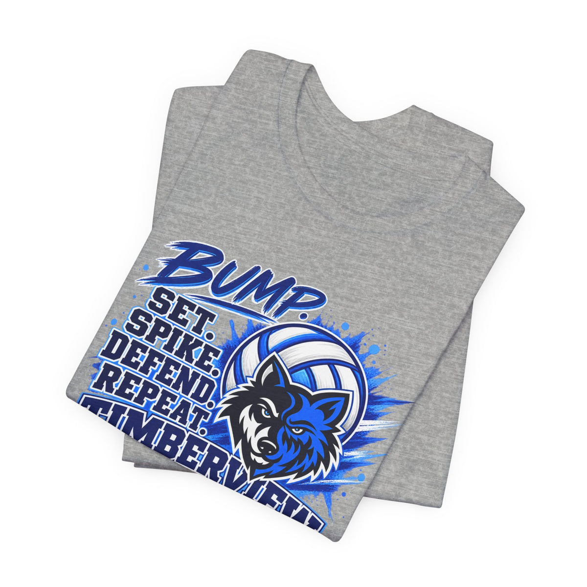 Timberview Volleyball Tee — "Bump Set Spike Defend Repeat" Wolf Mascot